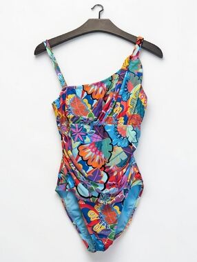 Bleu Rod Beattie One Piece Swimsuit Ruched Tummy Control Colorful Floral Size 14